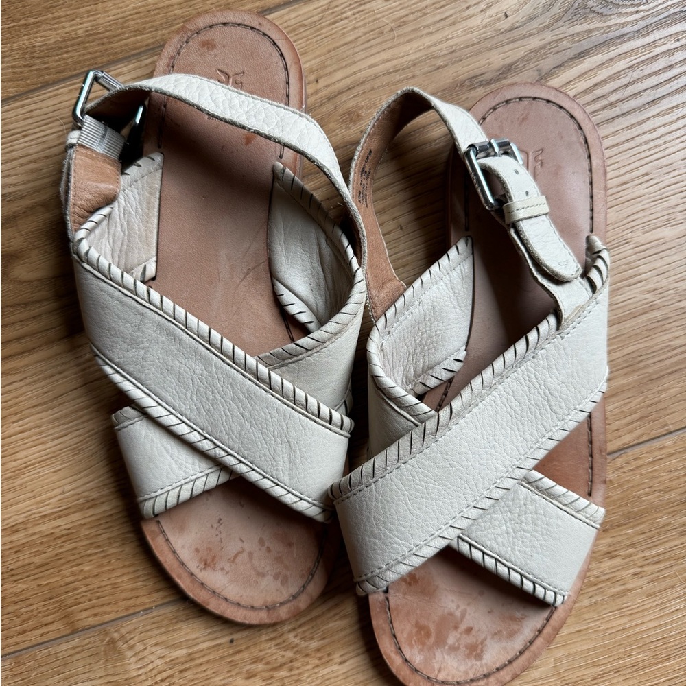 Frye Off-White Leather Cross Strap Sandals